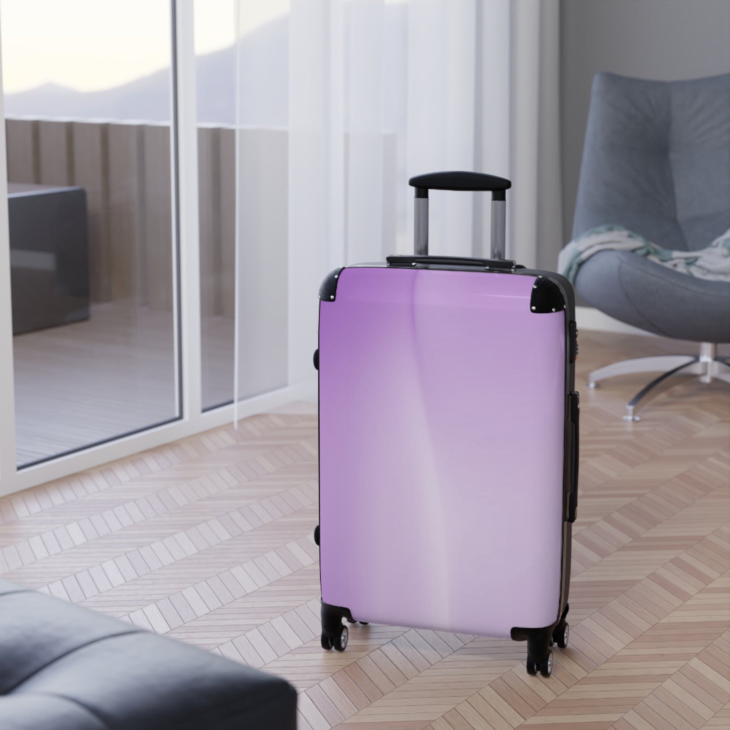 Soft Lavender Fade Medium Suitcase with built in lock, 4 double-wheels, telescopic handle, and ABS back hard-shell