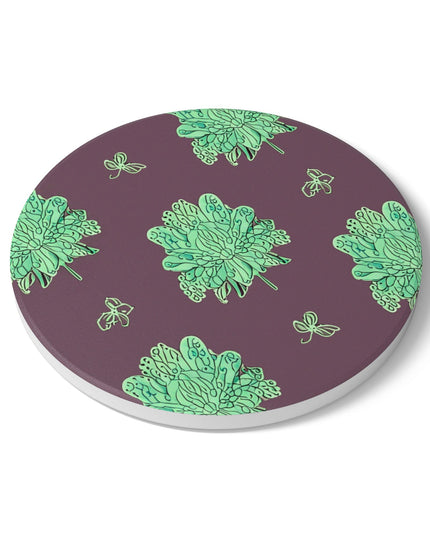 Mint Green Floral Butterflies 4" x 4" Round Ceramic Coaster
