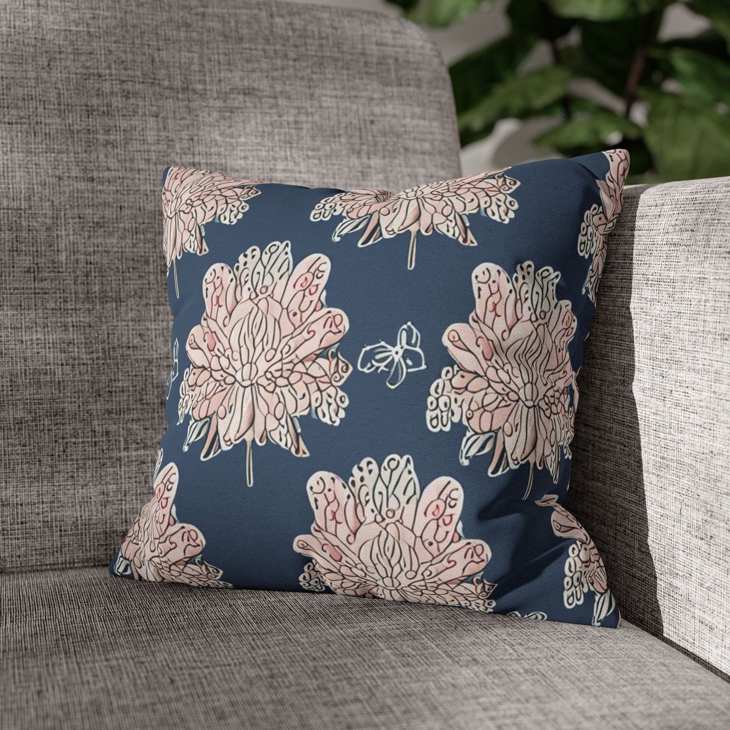 Rose White Floral Butterflies Spun Polyester Square Pillowcase, 14" x 14"