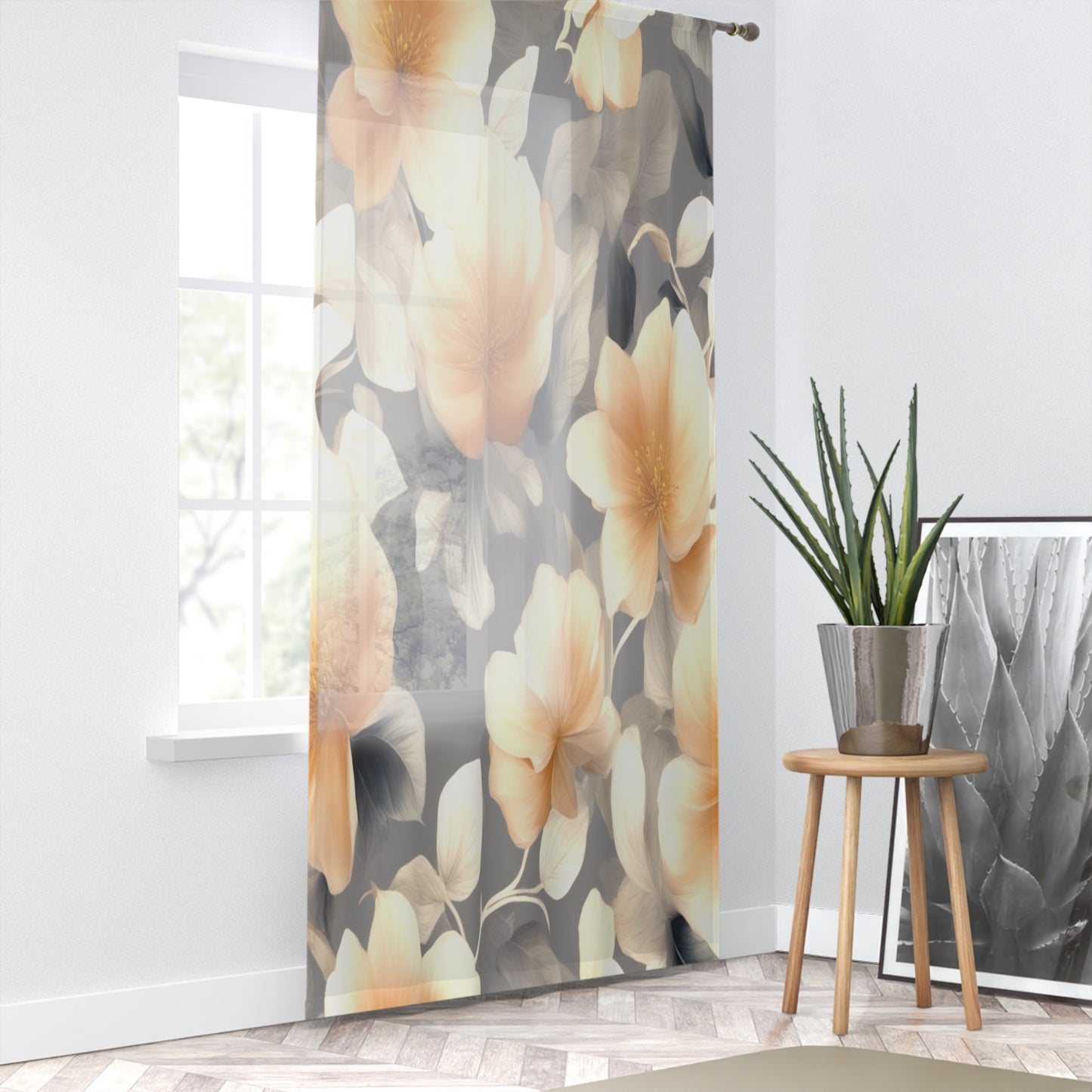 Soft Blossom Floral Bunch Sheer Window Curtain, 50" x 84", partially transparent