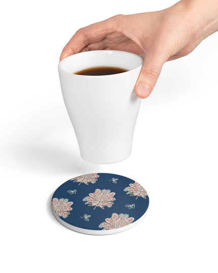 Rose White Floral Butterflies 4" x 4" Round Ceramic Coaster