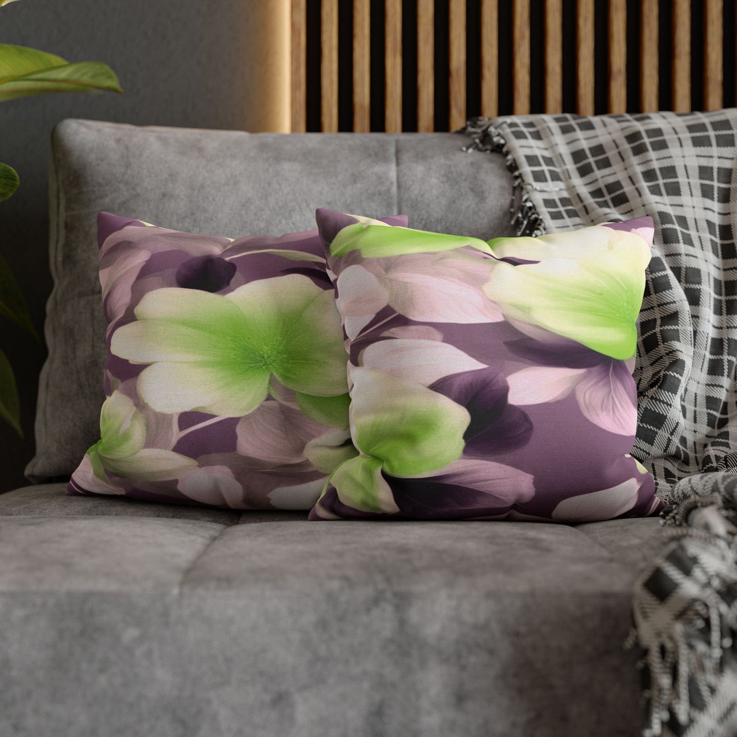 Lime Lavender Floral Bunch Spun Polyester Square Pillowcase, 14" x 14"