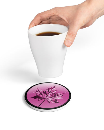 Magenta Maple Leaf 4" x 4" Round Ceramic Coaster