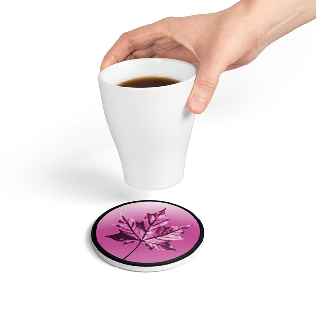 Magenta Maple Leaf 4" x 4" Round Ceramic Coaster
