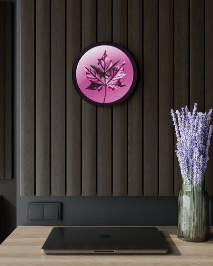 Magenta Maple Leaf Acrylic Wall Clock, Round or Square, 10.75" x 10.75"