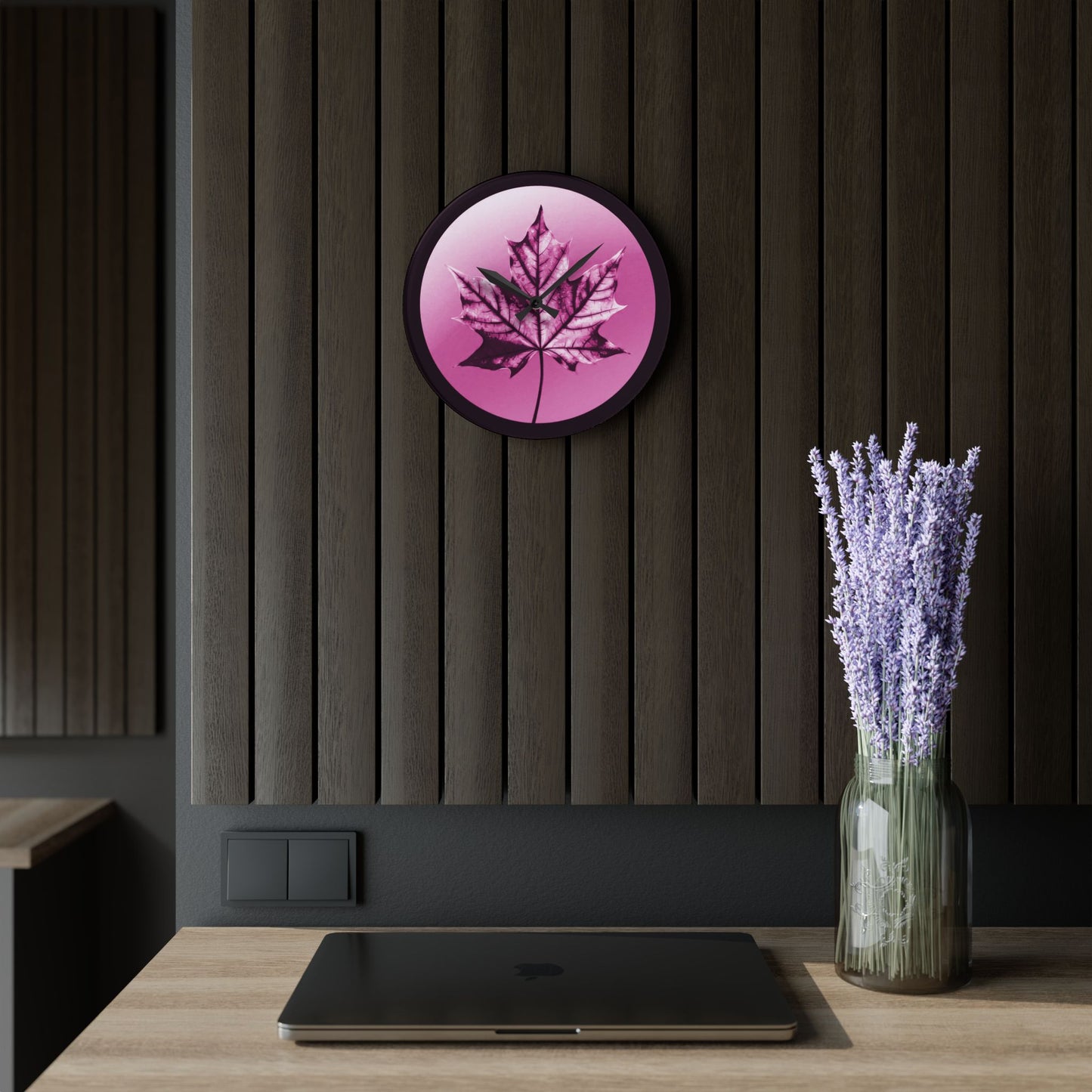 Magenta Maple Leaf Acrylic Wall Clock, Round or Square, 10.75" x 10.75"