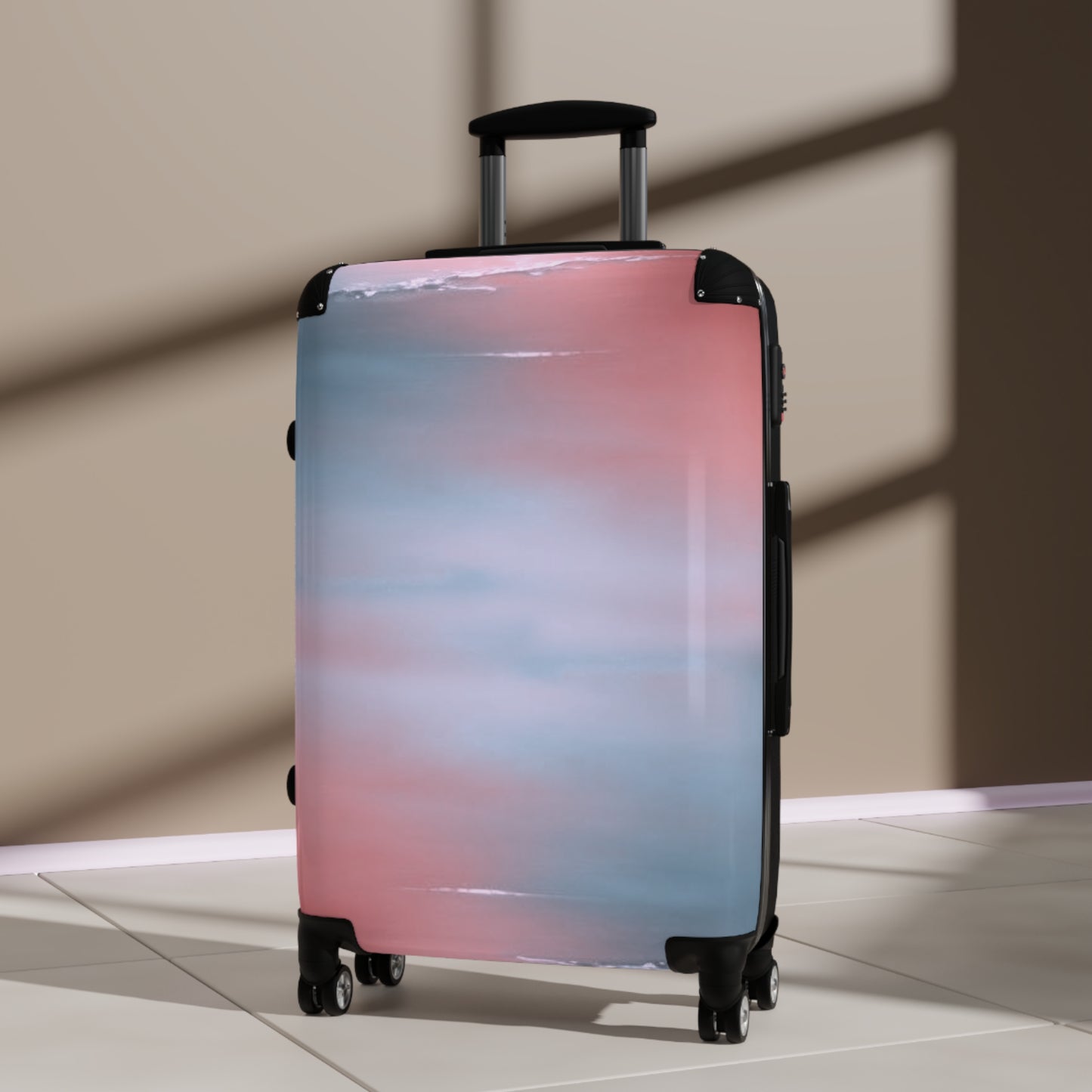 Gray Sea Pink Fog Medium Suitcase with built in lock, 4 double-wheels, telescopic handle, and ABS back hard-shell