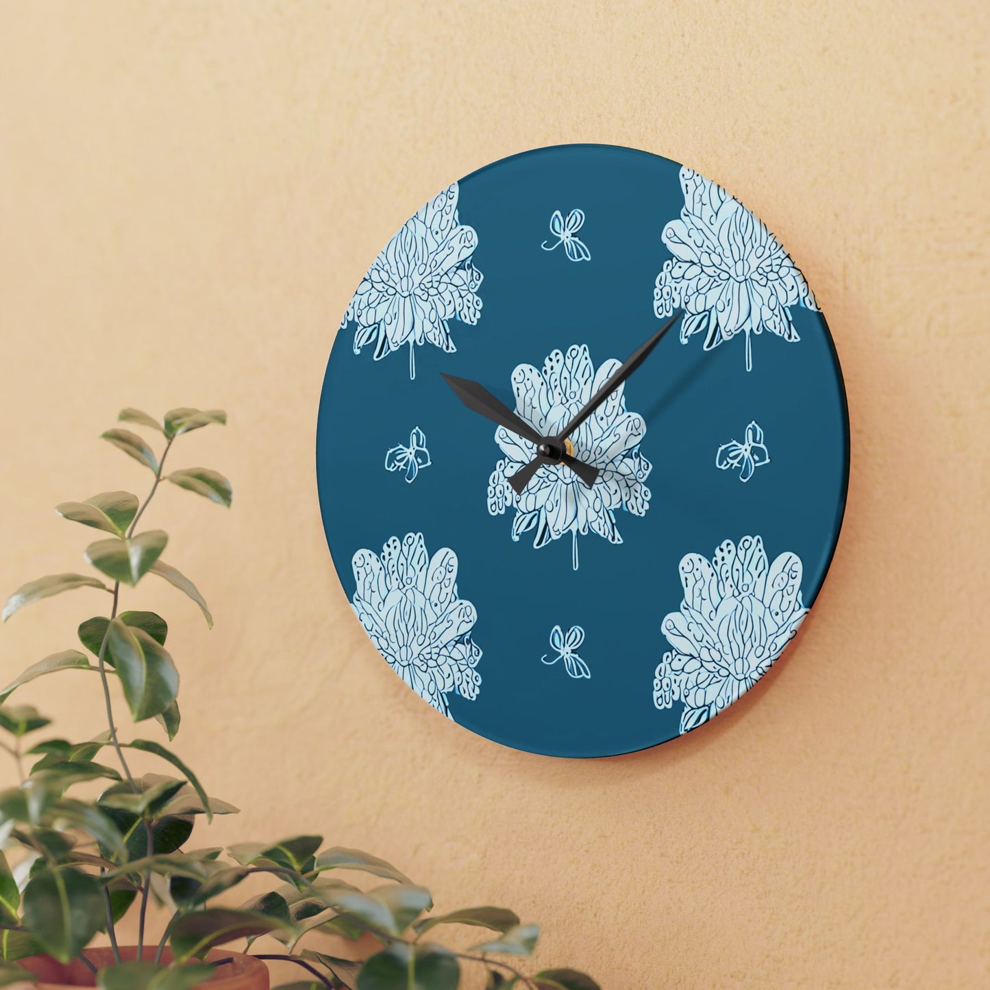 Tif Green White Floral Butterflies Acrylic Wall Clock, Round or Square, 10.75" x 10.75"