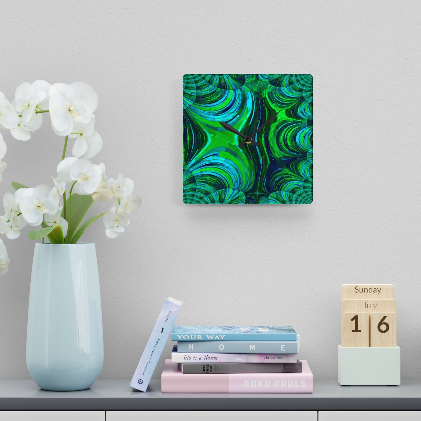 Uzi Spiral Blue Green Acrylic Wall Clock, Round or Square, 10.75" x 10.75"