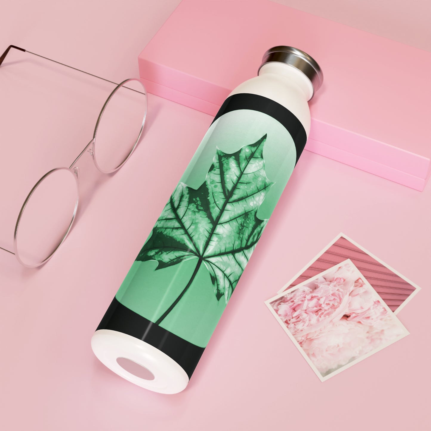 Mint Green Maple Leaf Slim Water Bottle, 20 oz White