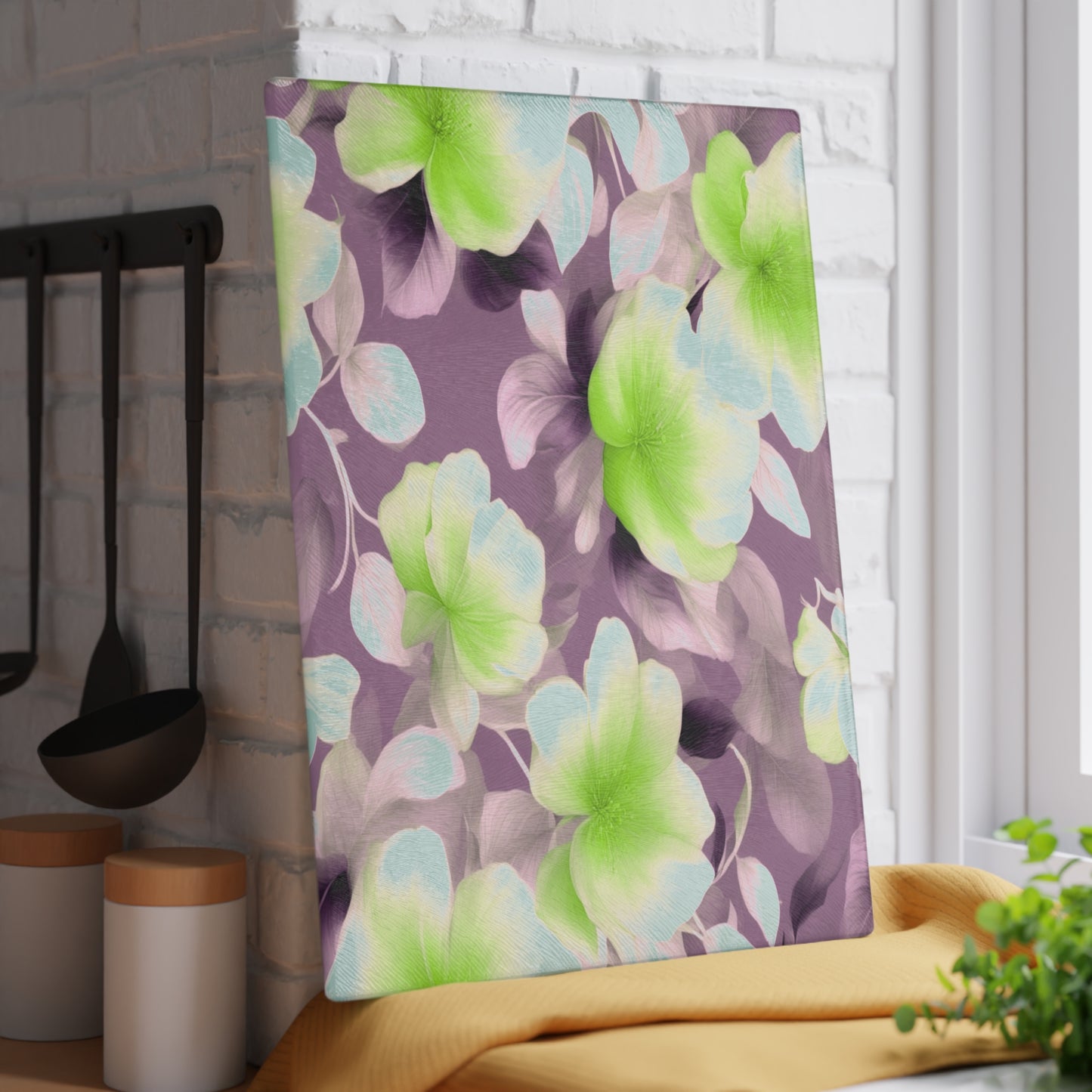 Lime Lavender Floral Bunch Glass Cutting Board, 11" x 15"