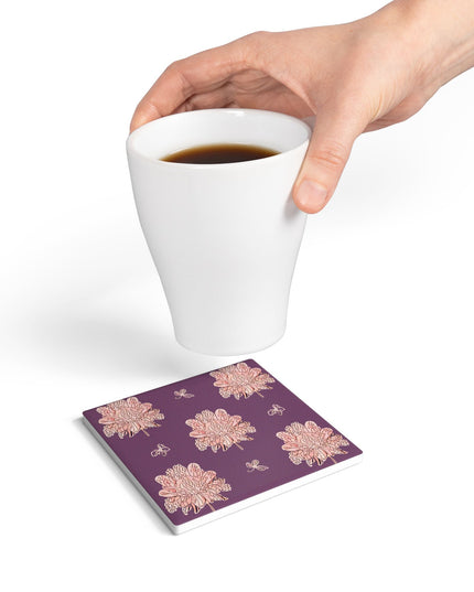 Pink Floral Butterflies 4" x 4" Square Ceramic Coaster