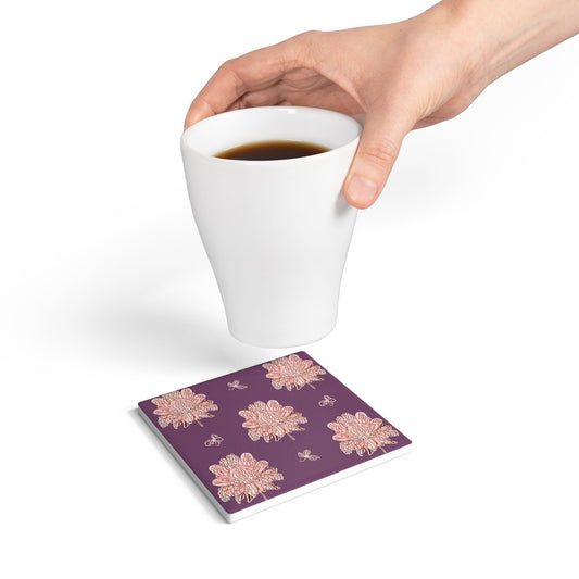 Pink Floral Butterflies 4" x 4" Square Ceramic Coaster