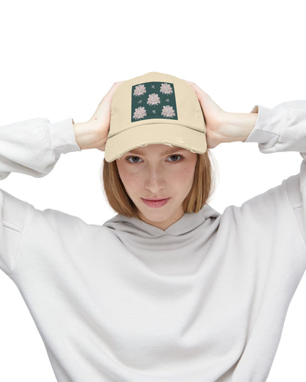 Soft White Floral Butterflies Unisex Distressed Cap