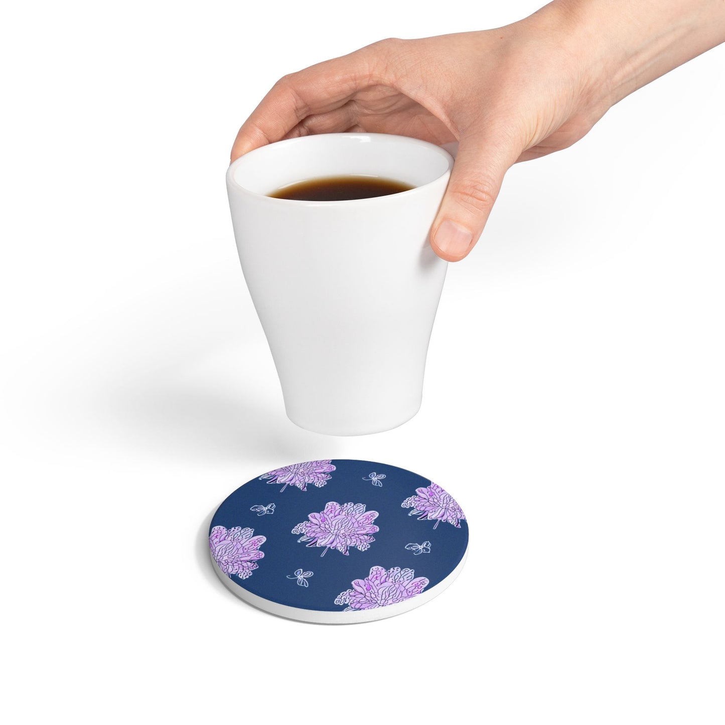Purple White Floral Butterflies 4" x 4" Round Ceramic Coaster
