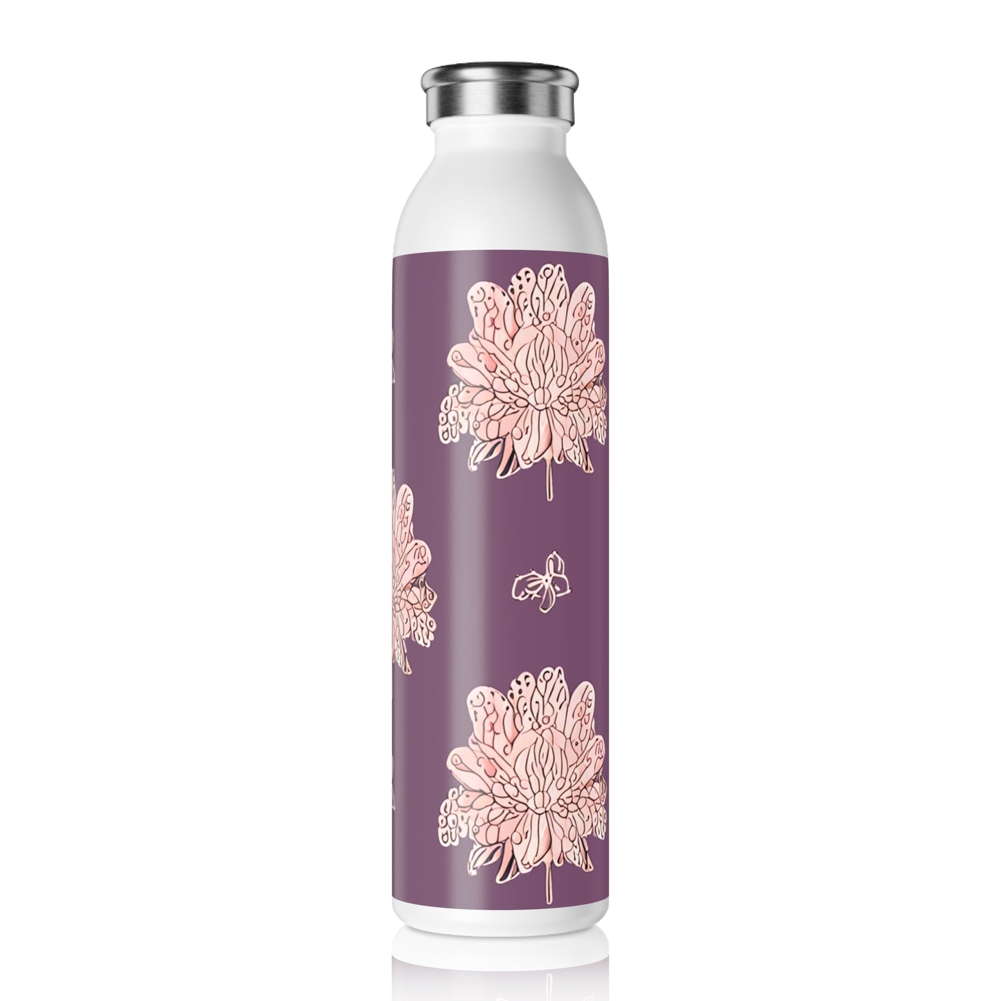 Pink Floral Butterflies Slim Water Bottle, 20 oz White
