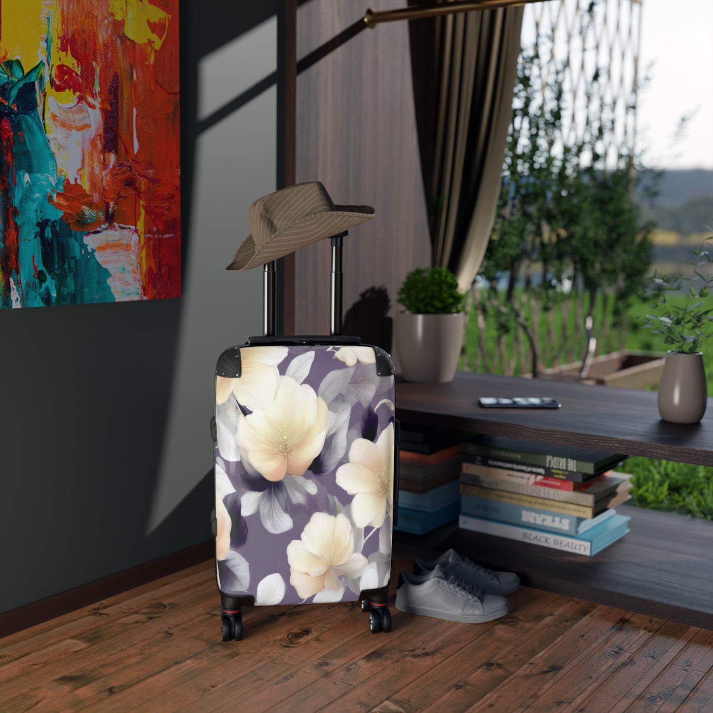 White Blush Floral Bunch Small Suitcase with built in lock, 4 double-wheels, telescopic handle, and ABS back hard-shell