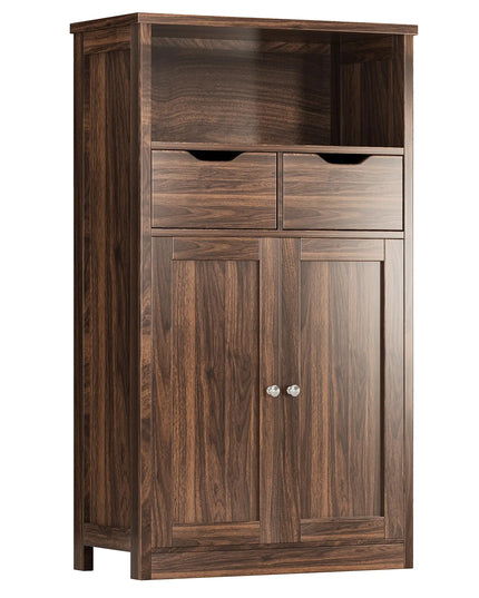 Freestanding Floor Storage Cabinet with Doors and Drawers – Bathroom, Kitchen, or Living Room Organizer with Adjustable Shelf, Walnut Finish