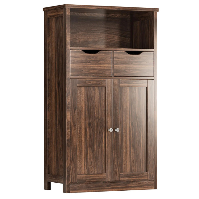 Freestanding Floor Storage Cabinet with Doors and Drawers – Bathroom, Kitchen, or Living Room Organizer with Adjustable Shelf, Walnut Finish