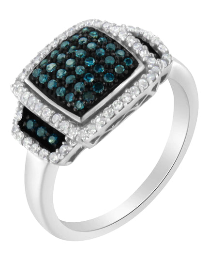 Black Rhodium Plated .925 Sterling Silver 1/2 Cttw White & Blue Diamond Square Halo Cocktail Ring (Fancy Blue & H-I Color, I2-I3 Clarity)