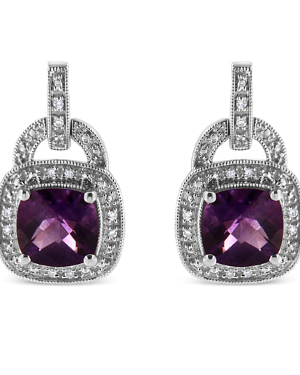 .925 Sterling Silver 8MM Natural Cushion Shaped Amethyst and Diamond Accent Halo with Push Back Dangle Earrings (I-J Color, I2-I3 Clarity)