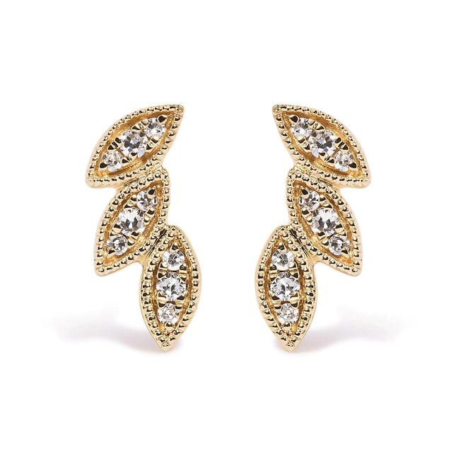 10K Yellow Gold 1/10 Cttw Diamond Triple Leaf Stud Earring (H-I Color, I1-I2 Clarity)