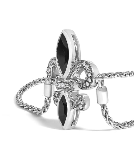 .925 Sterling Silver Marquise Black Onyx and Diamond Accent Lariat 4”-10” Fleur De Lis Adjustable Bolo Bracelet (I-J Color, I1-I2 Clarity)