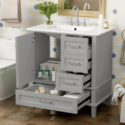 30" Modern Bathroom Vanity Cabinet with Sink – Solid Wood Frame, Soft-Close Door & 3 Drawers Storage Combo