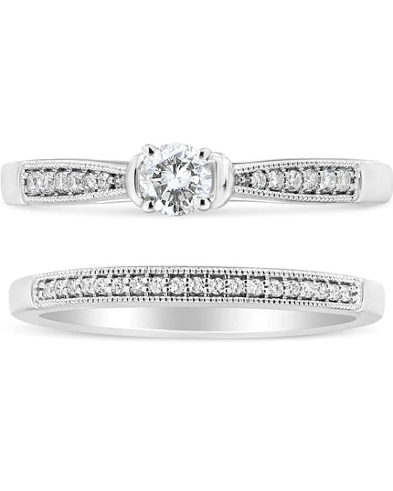 .925 Sterling Silver 1/3 Cttw Diamond Classic Engagement Ring Bridal Set with Milgrain (I-J Color, I3 Clarity)