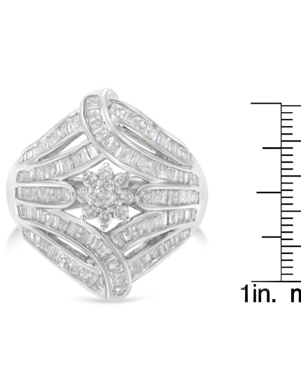 .925 Sterling Silver 1-1/8 Cttw Round & Baguette Diamond 'Flower & Fern' Cluster Cocktail Fashion Ring (I-J Color, I2-I3 Clarity)