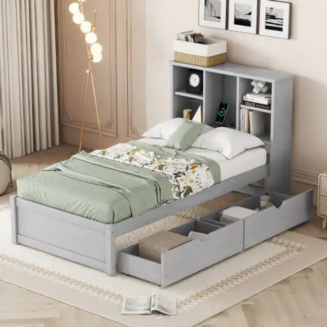 Twin Bed Frame With USB Port, Bookcase Headboard, 2 Drawers - Grey