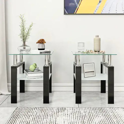 2-piece Modern Tempered Glass Coffee Table Set, Square, Transparent Black