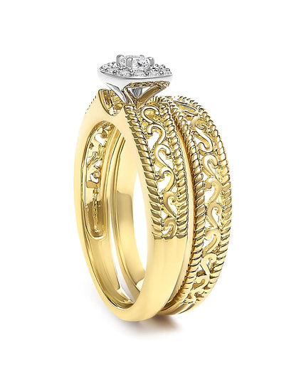 14K Yellow Gold Plated .925 Sterling Silver 1/5 Cttw Diamond Halo and Milgrain Finish Engagement Ring Bridal Set (I-J Color I3 Clarity)
