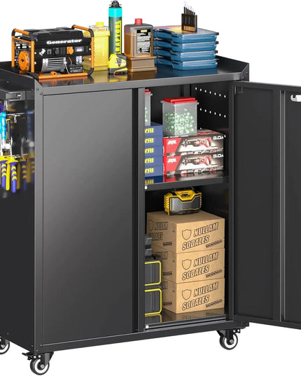 Black Metal Rolling Storage Cabinet With Wheels, Pegboard, Hooks, Adjustable Shelves - Assembly