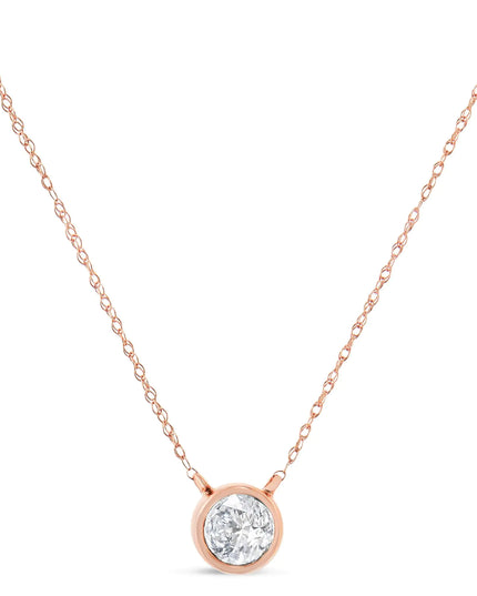 AGS Certified 10K Gold Bezel Set Round Diamond Solitaire 16-18" Adjustable Pendant Necklace (H-I Color, SI1-SI2 Clarity)