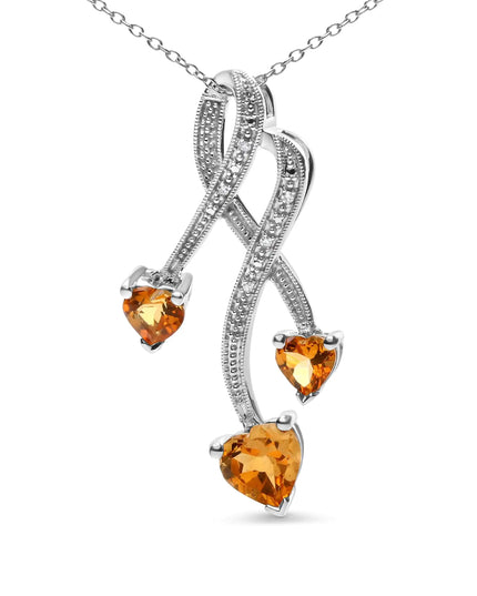 .925 Sterling Silver 3-Stone Heart Shape Citrine and Diamond Accent Spiral Drop 18" Pendant Necklace (H-I Color, SI1-SI2 Clarity)