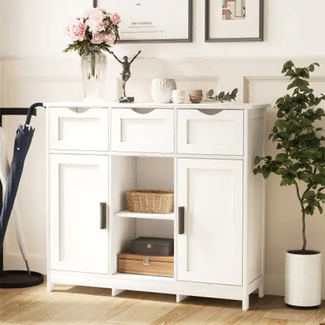 Wooden Floor Cabinet With Drawers And Shelves, Storage Cabinet For Living Room, Bedroom, Bathroom