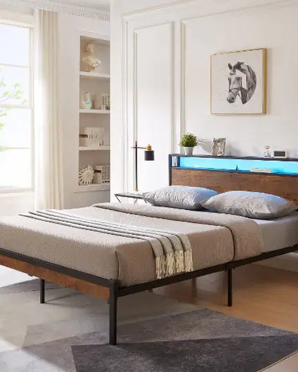 Queen Metal Platform Bed Frame With Wooden Headboard/footboard, USB Liner