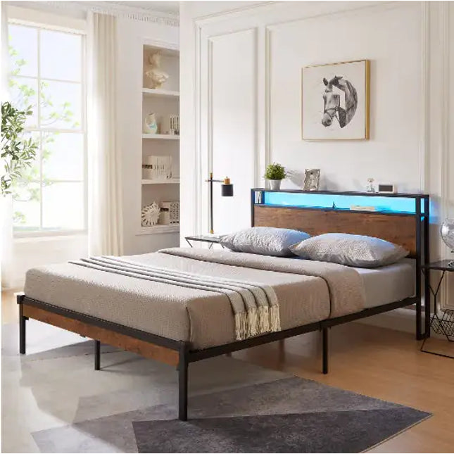 Queen Metal Platform Bed Frame With Wooden Headboard/footboard, USB Liner