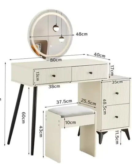 Glass Makeup Vanity Desk With LED Mirror, Lights, 4 Drawers, Adjustable Shelves