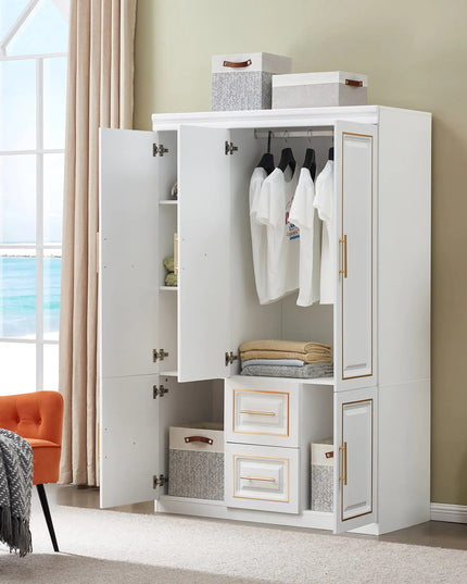 White Freestanding Armoire Wardrobe Closet – 74" H, 3 Doors, 2 Drawers, Hanging Rod & Shelves for Clothes Storage