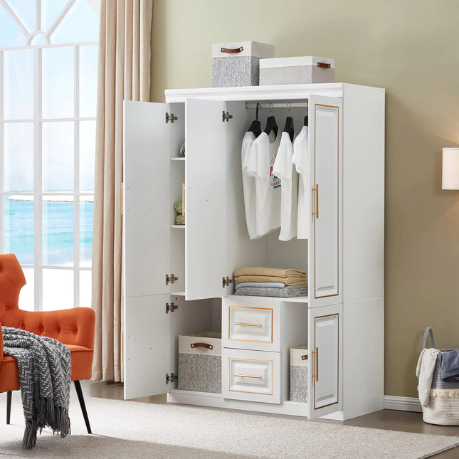 White Freestanding Armoire Wardrobe Closet – 74" H, 3 Doors, 2 Drawers, Hanging Rod & Shelves for Clothes Storage