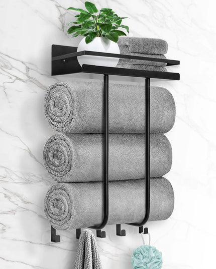 Wall-Mounted Bathroom Towel Rack with Metal Shelf and 5 Hooks – Black Towel Holder for Small Bathrooms, Bath Towel Storage & Rolled Towel Organizer