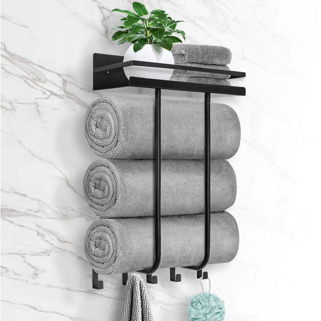 Wall-Mounted Bathroom Towel Rack with Metal Shelf and 5 Hooks – Black Towel Holder for Small Bathrooms, Bath Towel Storage & Rolled Towel Organizer