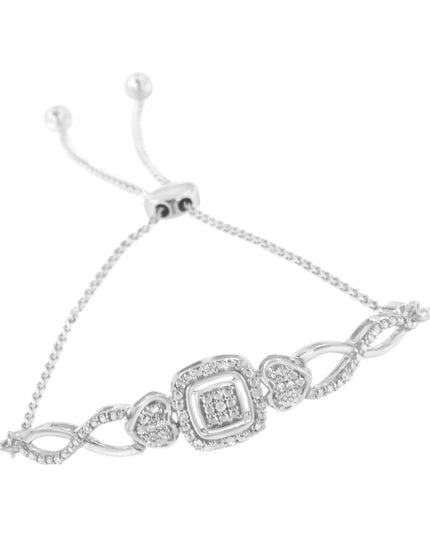 .925 Sterling Silver Diamond Cushion Frame Heart-Sides Twist 4”-10” Adjustable Bolo Tennis Bolo Bracelet (I-J Color, I3 Clarity)