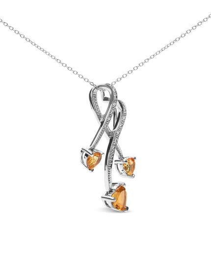.925 Sterling Silver 3-Stone Heart Shape Citrine and Diamond Accent Spiral Drop 18" Pendant Necklace (H-I Color, SI1-SI2 Clarity)