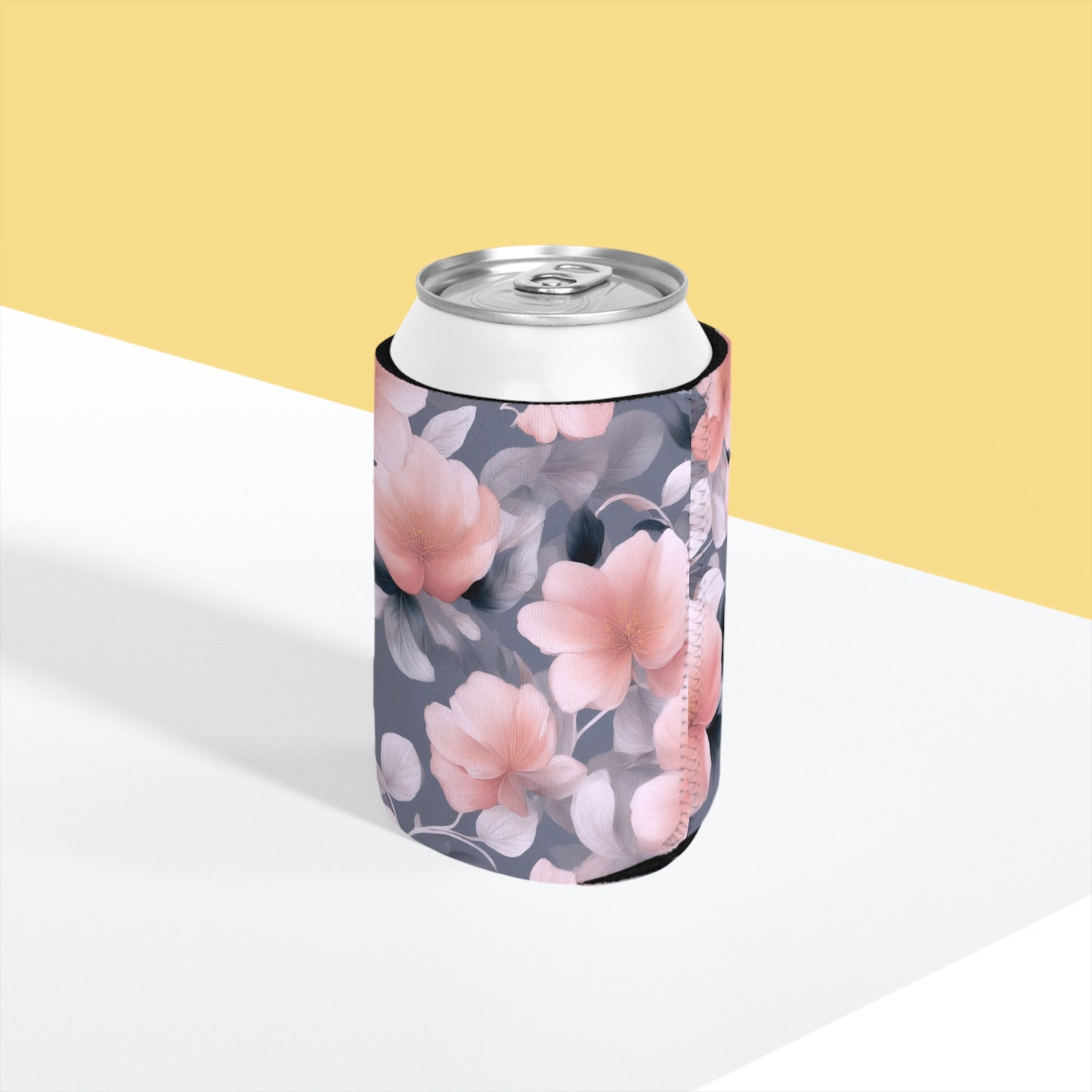Peach and Blue Gray Floral Bunch 12 oz Can Cooler Sleeve