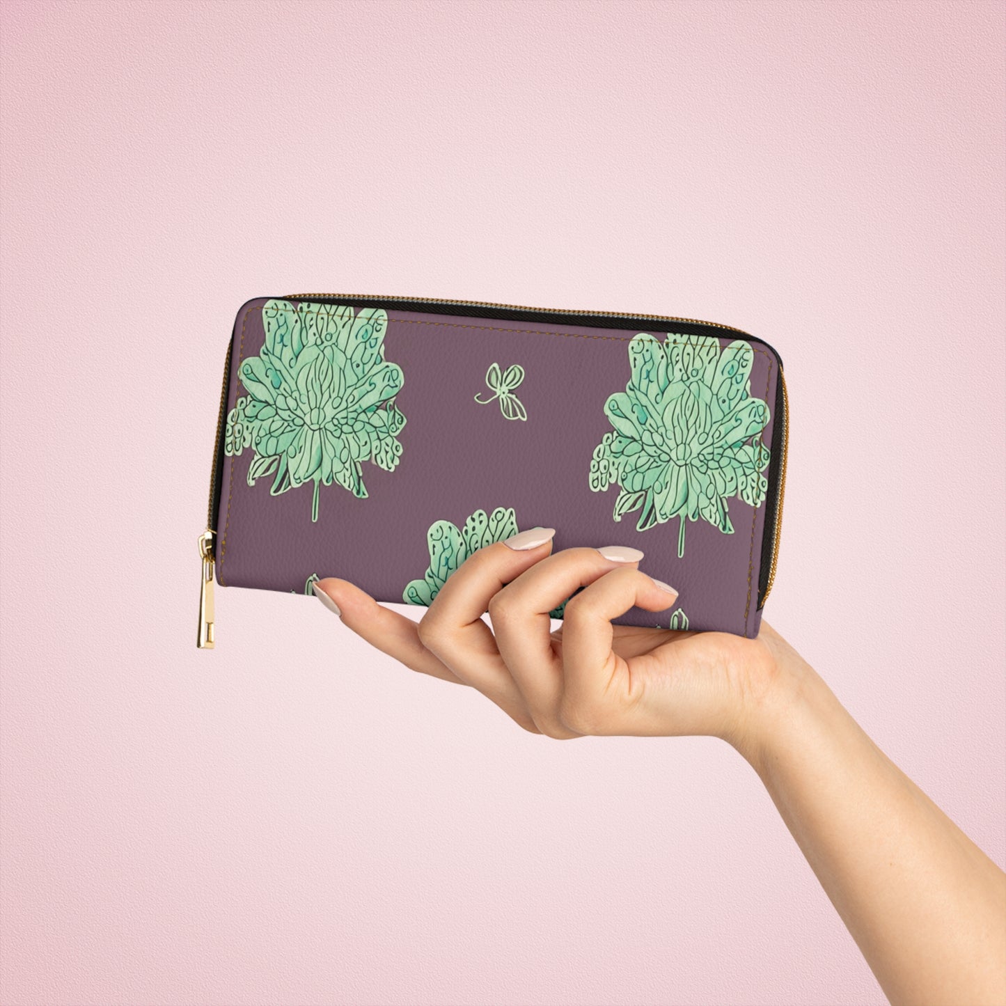Mint Green Floral Butterflies Elegant Abstract Zipper Wallet - Stylish & Functional Accessory for Everyday Use