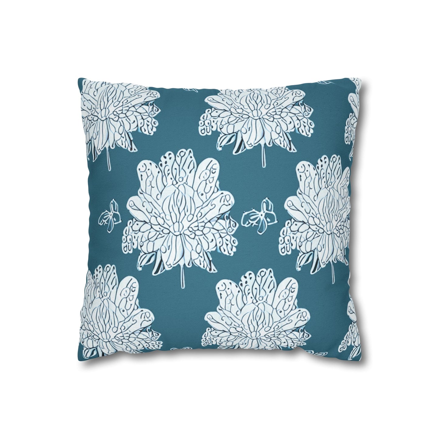 Tif Green White Floral Butterflies Spun Polyester Square Pillowcase, 14" x 14"
