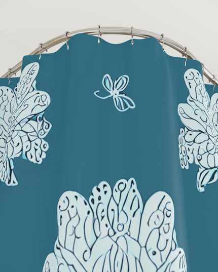 Tif Green White Floral Butterflies Shower Curtain, 71" x 74"